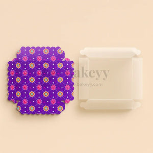 Purple floral-patterned mat with a white container on a beige background