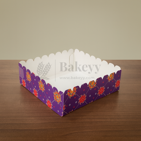 Decorative purple box with floral patterns on a wooden surface, branded 'Bakeyy'.