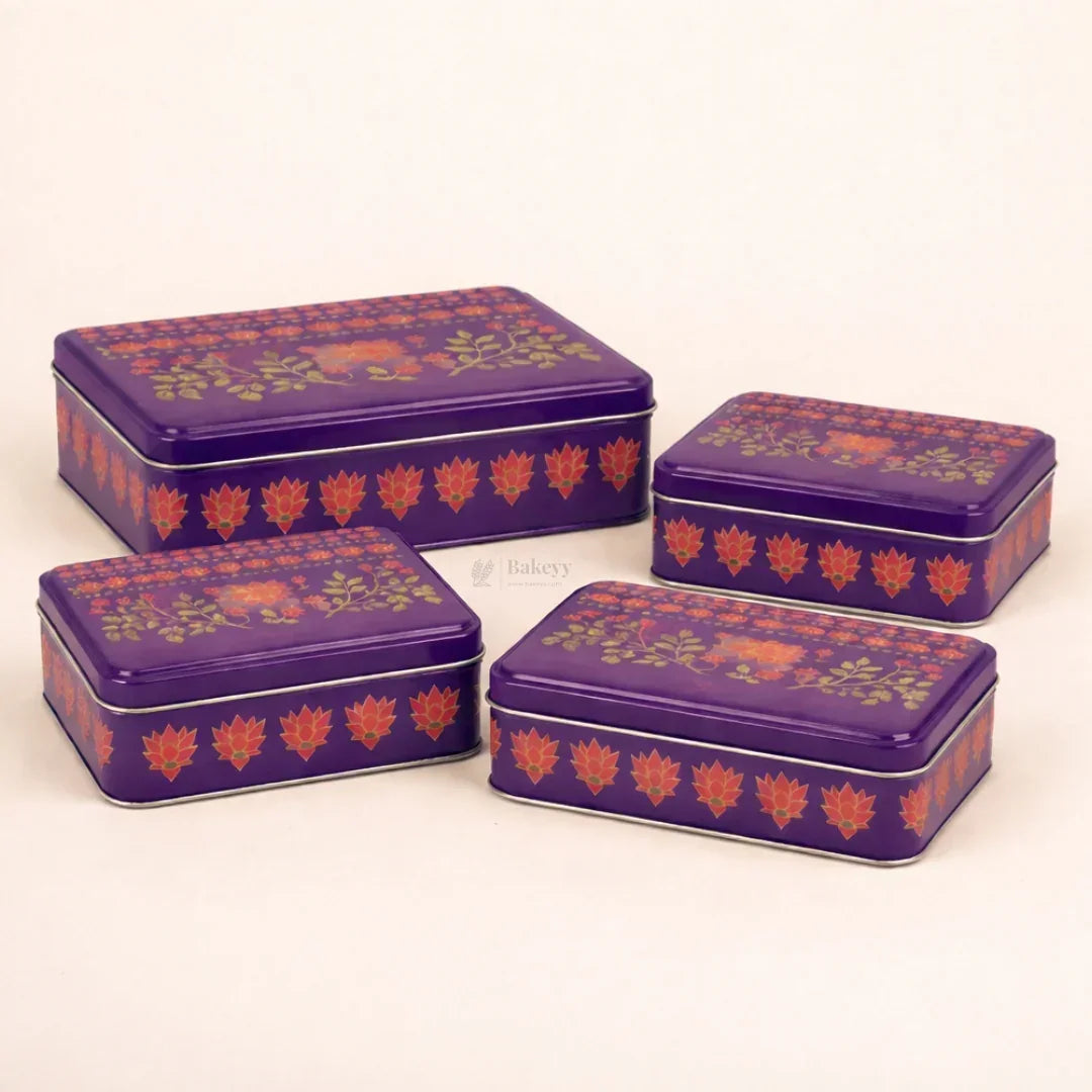 Premium Floral Printed Tin Box | Purple Floral Printed | Gift Box for Chocolates, Dry Fruits, Sweets| Pack Of 1 - Bakeyy.com - India - Premium Floral Printed Tin Box | Purple Floral Printed | Gift Box for Chocolates, Dry Fruits, Sweets| Pack Of 1 - 6x6x2 Inch 125.00