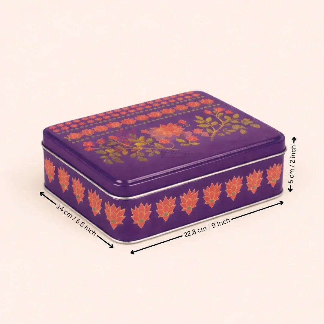 Premium Floral Printed Tin Box | Purple Floral Printed | Gift Box for Chocolates, Dry Fruits, Sweets| Pack Of 1 - Bakeyy.com - India - Premium Floral Printed Tin Box | Purple Floral Printed | Gift Box for Chocolates, Dry Fruits, Sweets| Pack Of 1 - 9x5.5x2 Inch 155.00