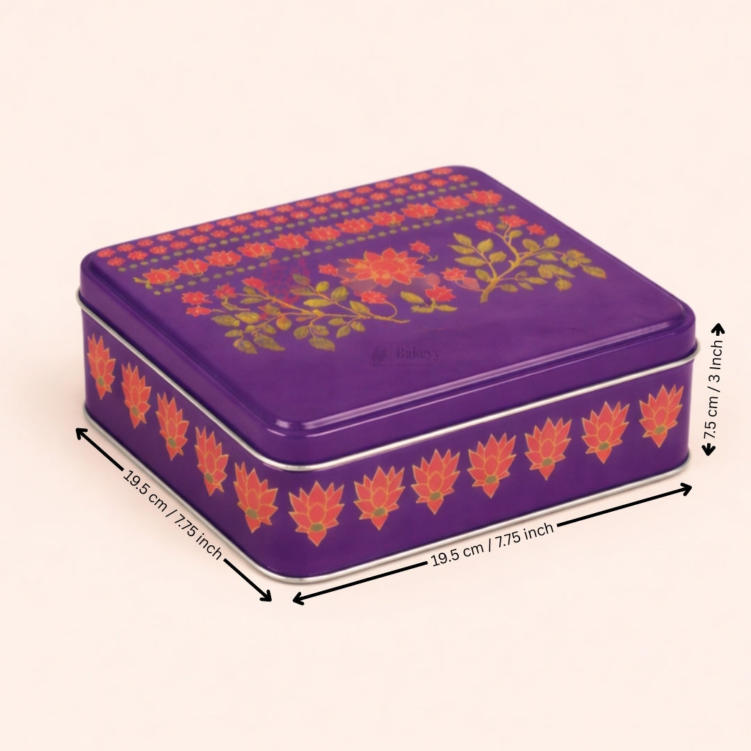 Premium Floral Printed Tin Box | Purple Floral Printed | Gift Box for Chocolates, Dry Fruits, Sweets| Pack Of 1