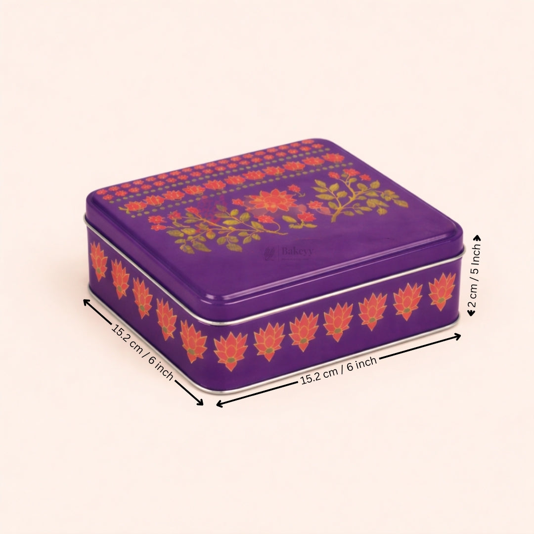Premium Floral Printed Tin Box | Purple Floral Printed | Gift Box for Chocolates, Dry Fruits, Sweets| Pack Of 1