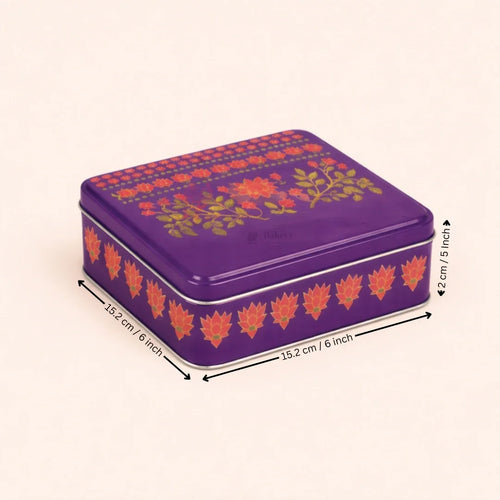 Premium Floral Printed Tin Box | Purple Floral Printed | Gift Box for Chocolates, Dry Fruits, Sweets| Pack Of 1