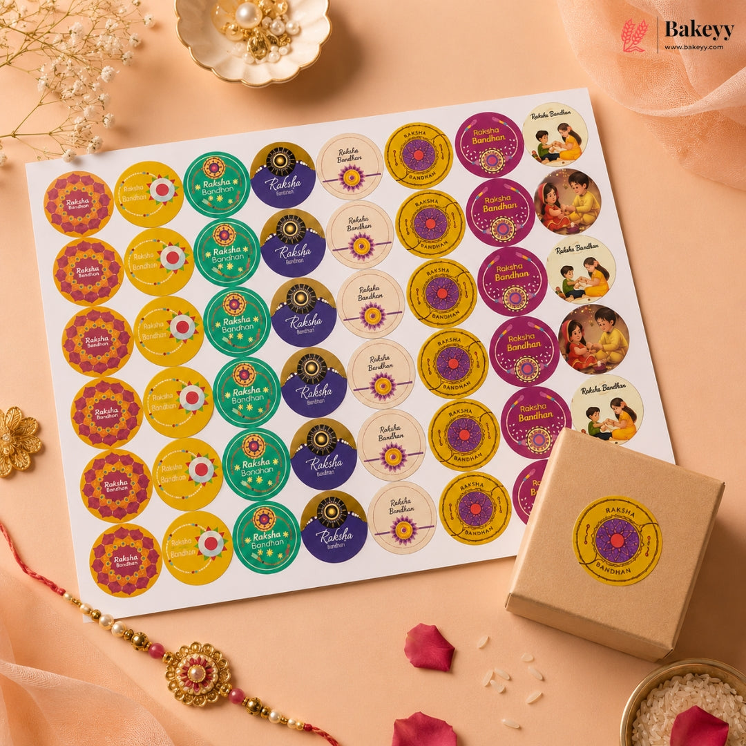 A sheet of round decorative stickers with colorful circular designs and text, styled on a peach background with a small kraft box, flowers, and a Rakhi. The Bakeey brand logo is visible in the top right corner.