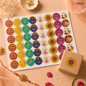 A sheet of round decorative stickers with colorful circular designs and text, styled on a peach background with a small kraft box, flowers, and a Rakhi. The Bakeey brand logo is visible in the top right corner.