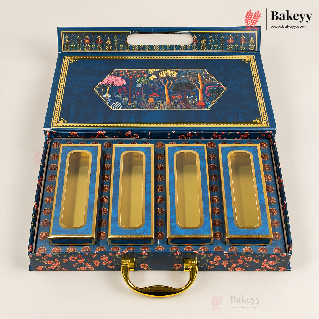 An ornate blue and gold presentation box with four rectangular compartments, shown open on a white background. The lid features a colorful illustrated scene, and the base has a floral pattern.