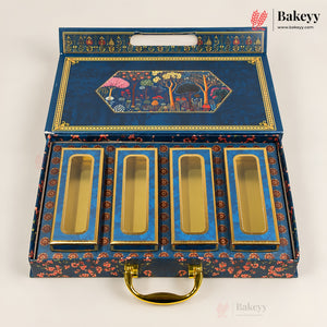 An ornate blue and gold presentation box with four rectangular compartments, shown open on a white background. The lid features a colorful illustrated scene, and the base has a floral pattern.