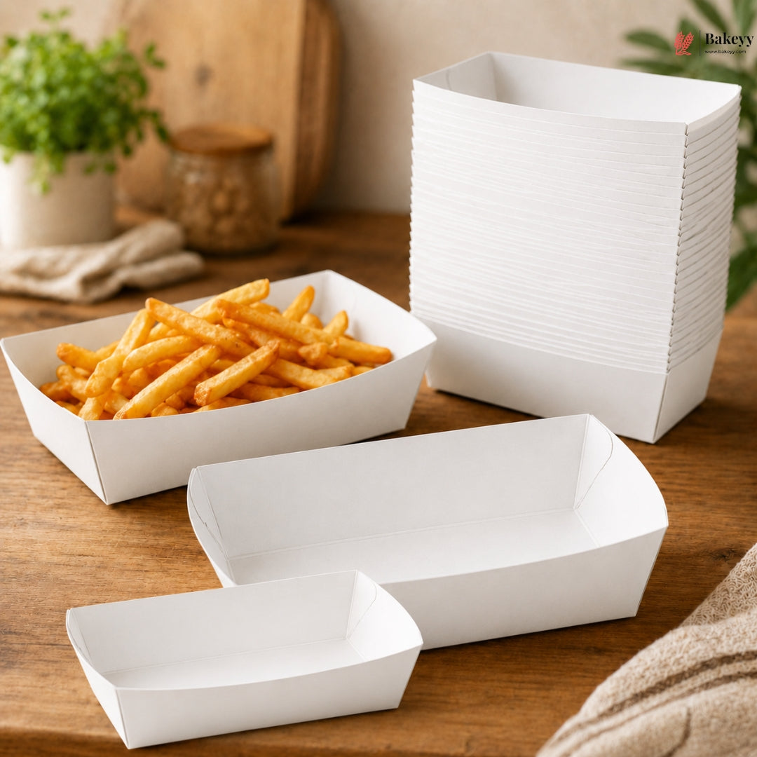 Rectangle White Food Tray | Snack & Dessert Serving Tray | 2 Capacities Available | Pack of 50