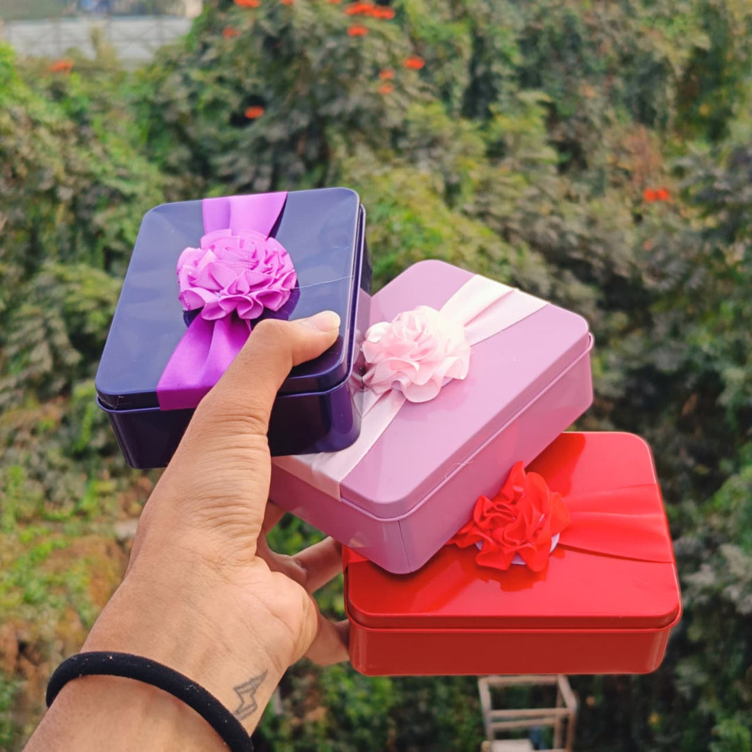 Rectangle Metal Tin Gift Box with Ribbon Flower | Premium Storage & Gifting Box | Multiple Colors | Pack of 4
