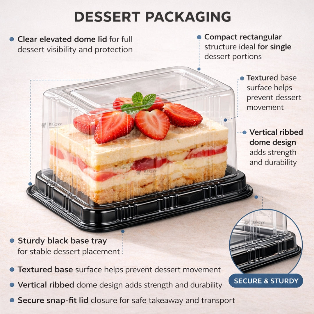 Rectangular Dessert Box with Clear Dome Lid | Black Base Pastry & Cake Packaging Container | Pack of 50