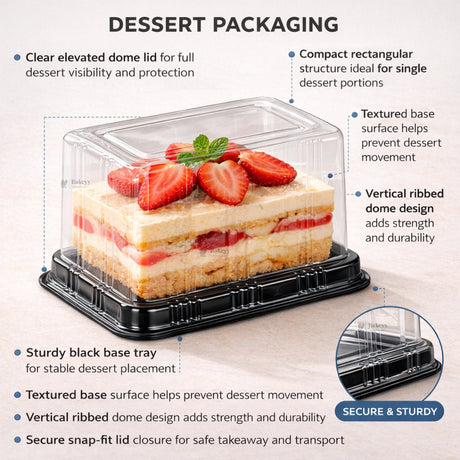 Rectangular Dessert Box with Clear Dome Lid | Black Base Pastry & Cake Packaging Container | Pack of 50