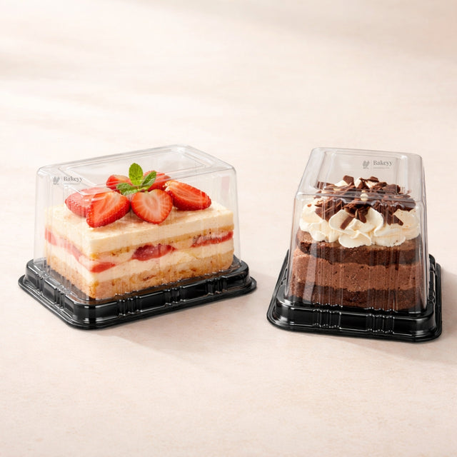 Rectangular Dessert Box with Clear Dome Lid | Black Base Pastry & Cake Packaging Container | Pack of 50