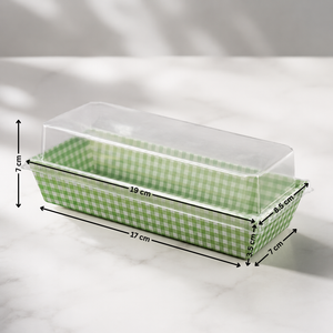 Green checkered bread loaf pan with clear lid on a white background