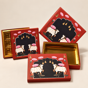 Pichwai Cow & Lotus Printed Sweet & Chocolate Gift Box | With & Without Cavity | Multiple Capacities | Pack of 4