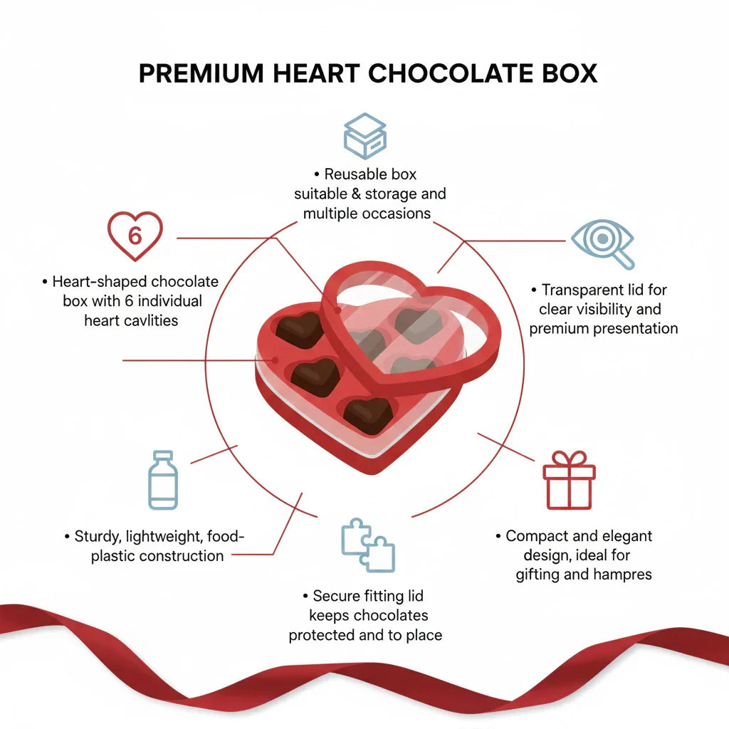 Red Heart Shape Chocolate Box with Transparent Lid | 6 Cavity  Chocolate Gift Box | Pack of 25