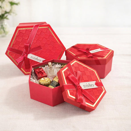 Red Hexagon Gift Box with Ribbon | Luxury Rigid Hamper & Chocolate Packaging Box | Available in 3 Sizes | Pack of 1