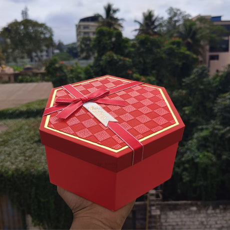 Red Hexagon Gift Box with Ribbon | Luxury Rigid Hamper & Chocolate Packaging Box | Available in 3 Sizes | Pack of 1