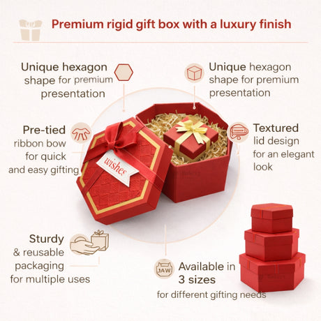 Red Hexagon Gift Box with Ribbon | Luxury Rigid Hamper & Chocolate Packaging Box | Available in 3 Sizes | Pack of 1