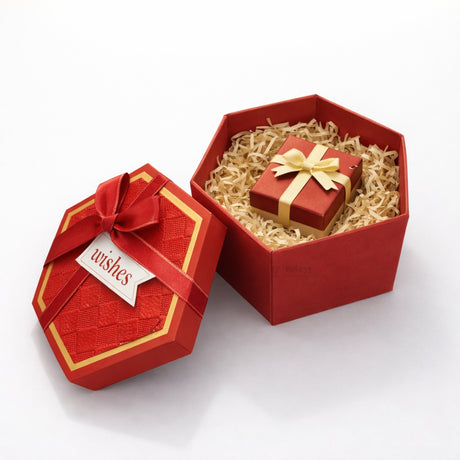 Red Hexagon Gift Box with Ribbon | Luxury Rigid Hamper & Chocolate Packaging Box | Available in 3 Sizes | Pack of 1