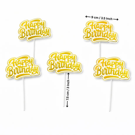 Reflective Happy Birthday Cake Topper | Multiple Design Options with Wooden Stick | Pack of 50