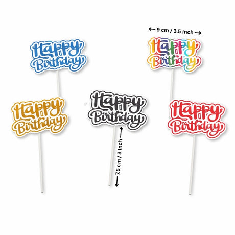 Reflective Happy Birthday Cake Topper | Multiple Design Options with Wooden Stick | Pack of 50