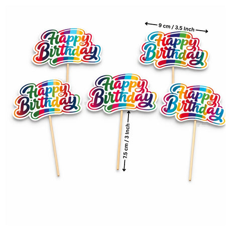 Reflective Happy Birthday Cake Topper | Multiple Design Options with Wooden Stick | Pack of 50