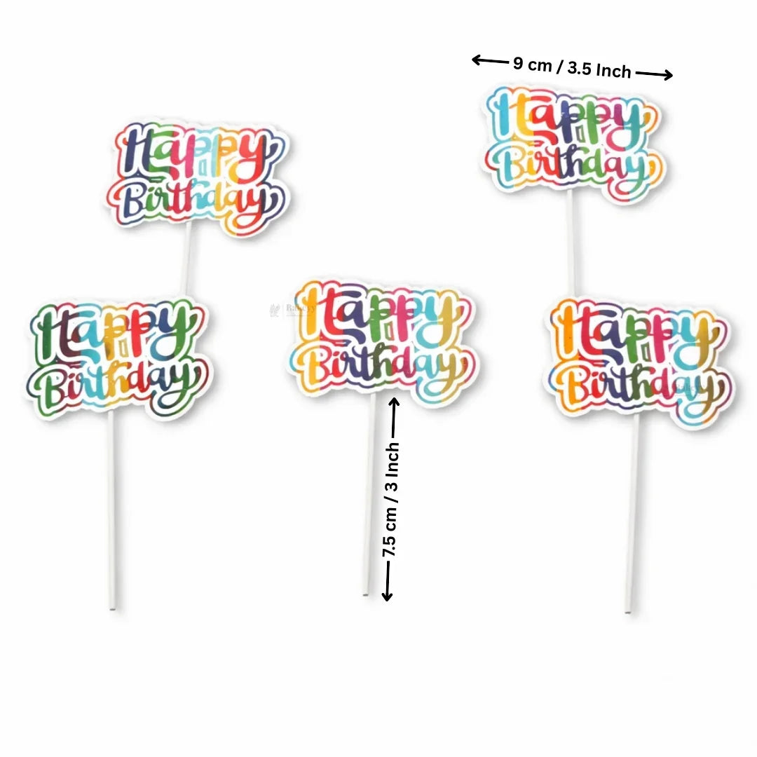 Reflective Happy Birthday Cake Topper | Multiple Design Options with Wooden Stick | Pack of 50