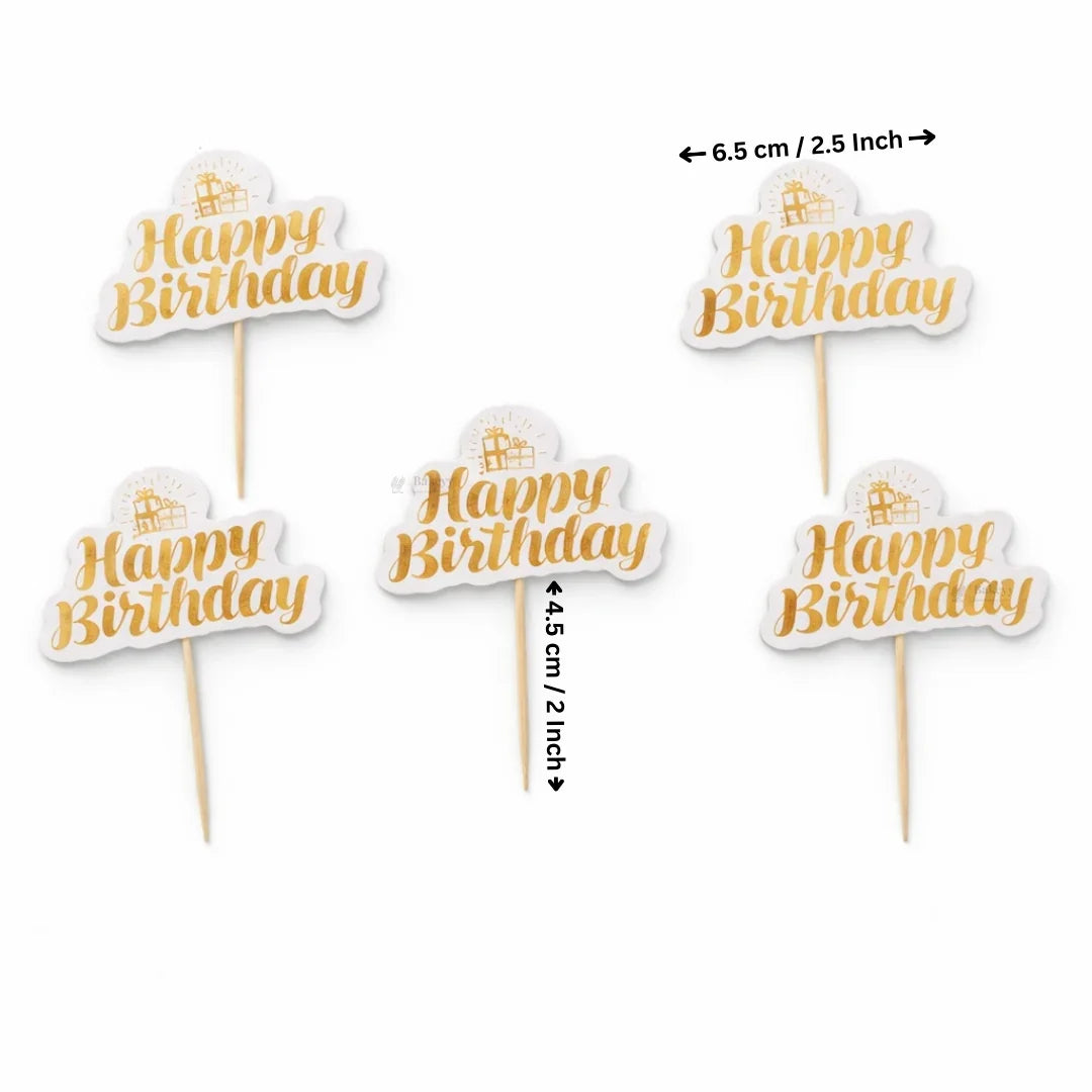 Reflective Happy Birthday Cake Topper | Multiple Design Options with Wooden Stick | Pack of 50