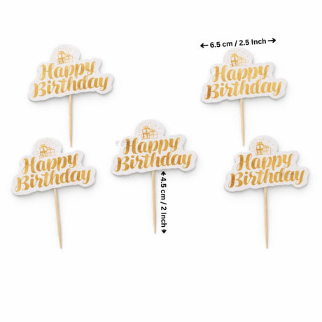 Reflective Happy Birthday Cake Topper | Multiple Design Options with Wooden Stick | Pack of 50