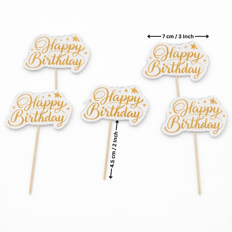 Reflective Happy Birthday Cake Topper | Multiple Design Options with Wooden Stick | Pack of 50