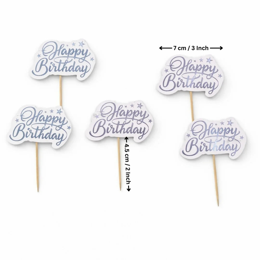 Reflective Happy Birthday Cake Topper | Multiple Design Options with Wooden Stick | Pack of 50