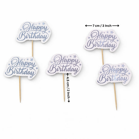 Reflective Happy Birthday Cake Topper | Multiple Design Options with Wooden Stick | Pack of 50