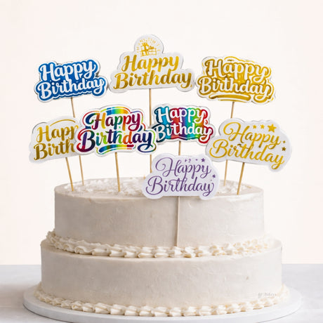 Reflective Happy Birthday Cake Topper | Multiple Design Options with Wooden Stick | Pack of 50