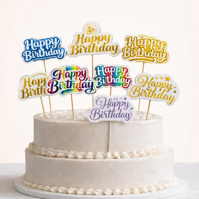 Reflective Happy Birthday Cake Topper | Multiple Design Options with Wooden Stick | Pack of 50