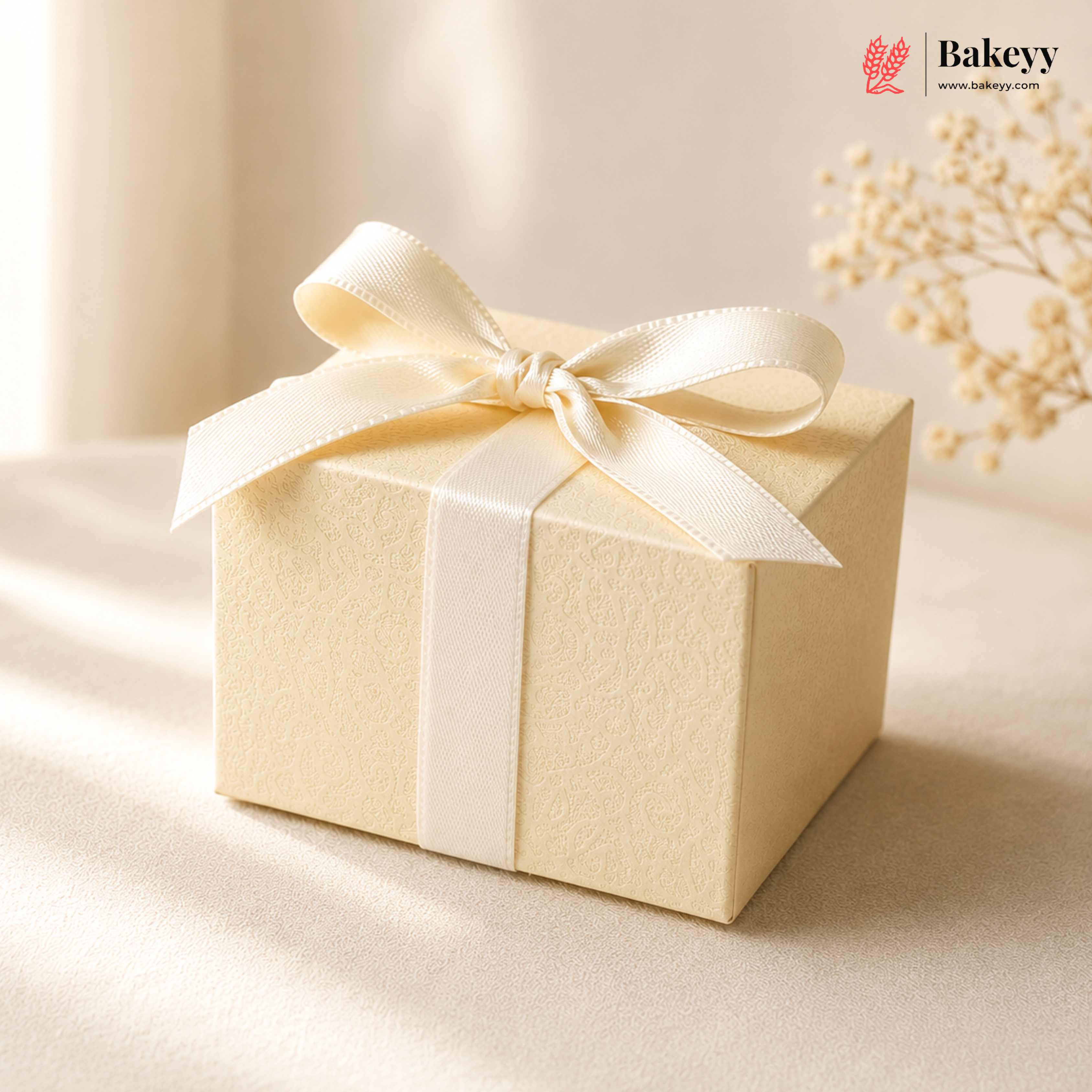 Beige gift box with a white ribbon on a beige background, featuring the Bakey brand.