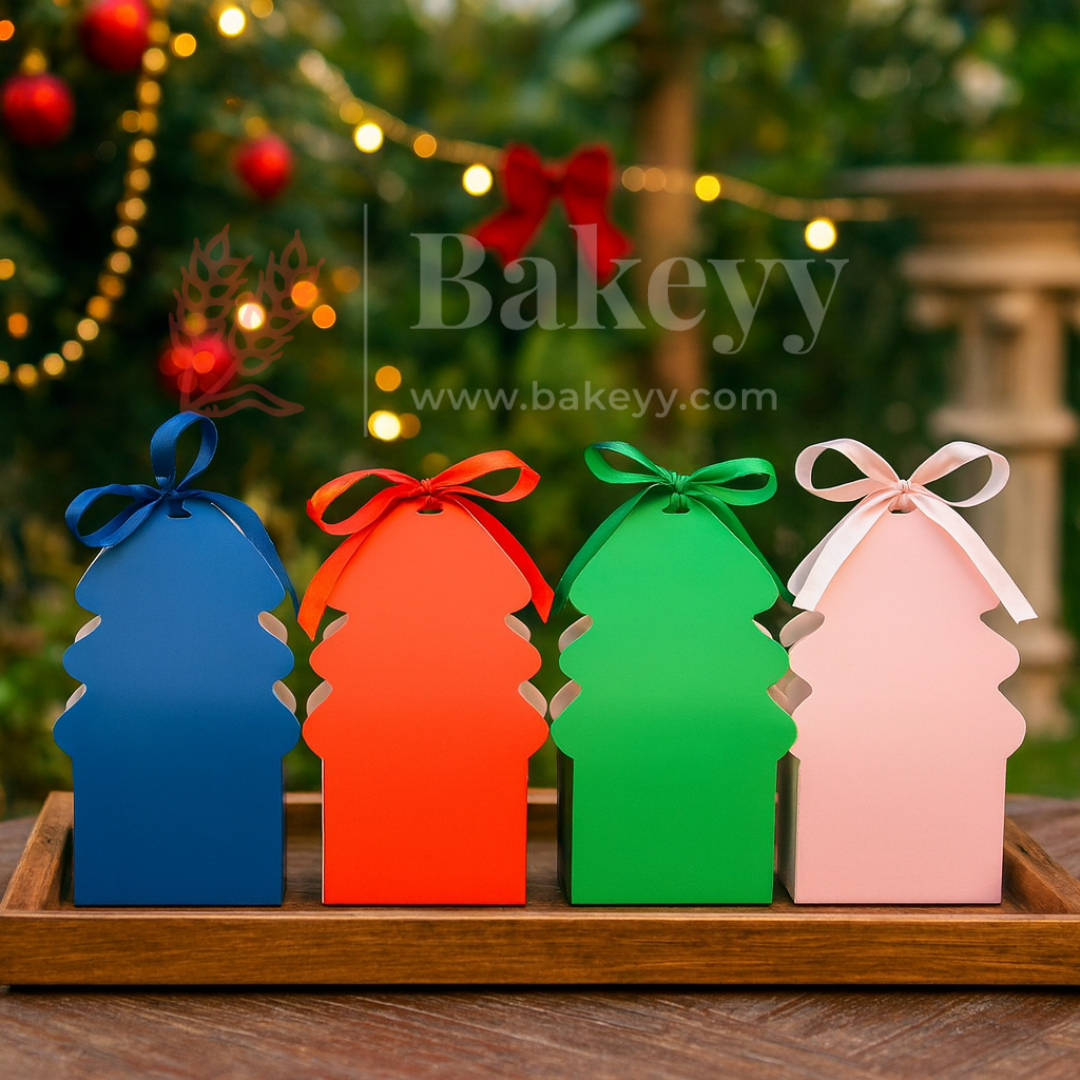 Christmas Tree Shaped Goodie Box with Satin Ribbon | Christmas Goodie Box | Pack of 10