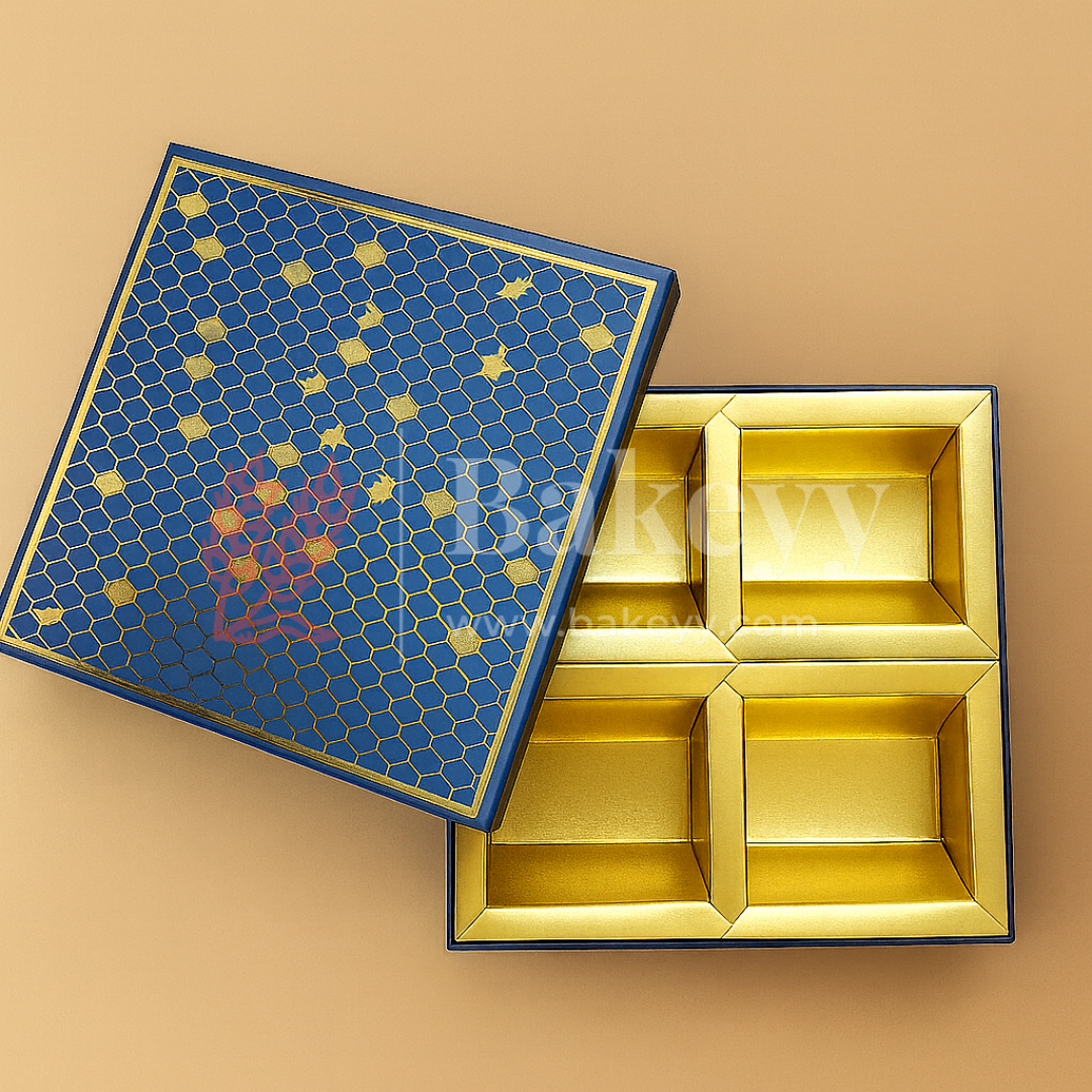 8x8x1.5 Inch | Rigid Chocolate Box | Elegant 4-Compartment Festive Hamper Box | Diwali Sweet box | Dry Fruit Box | Blue | 1 Piece