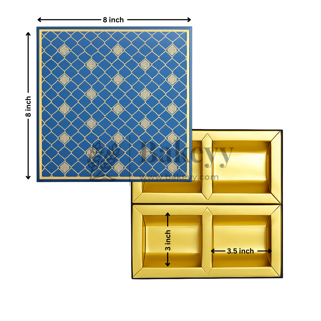 8x8x1.5 Inch | Rigid Chocolate Box | Elegant 4-Compartment Festive Hamper Box | Diwali Sweet box | Dry Fruit Box | Blue | 1 Piece