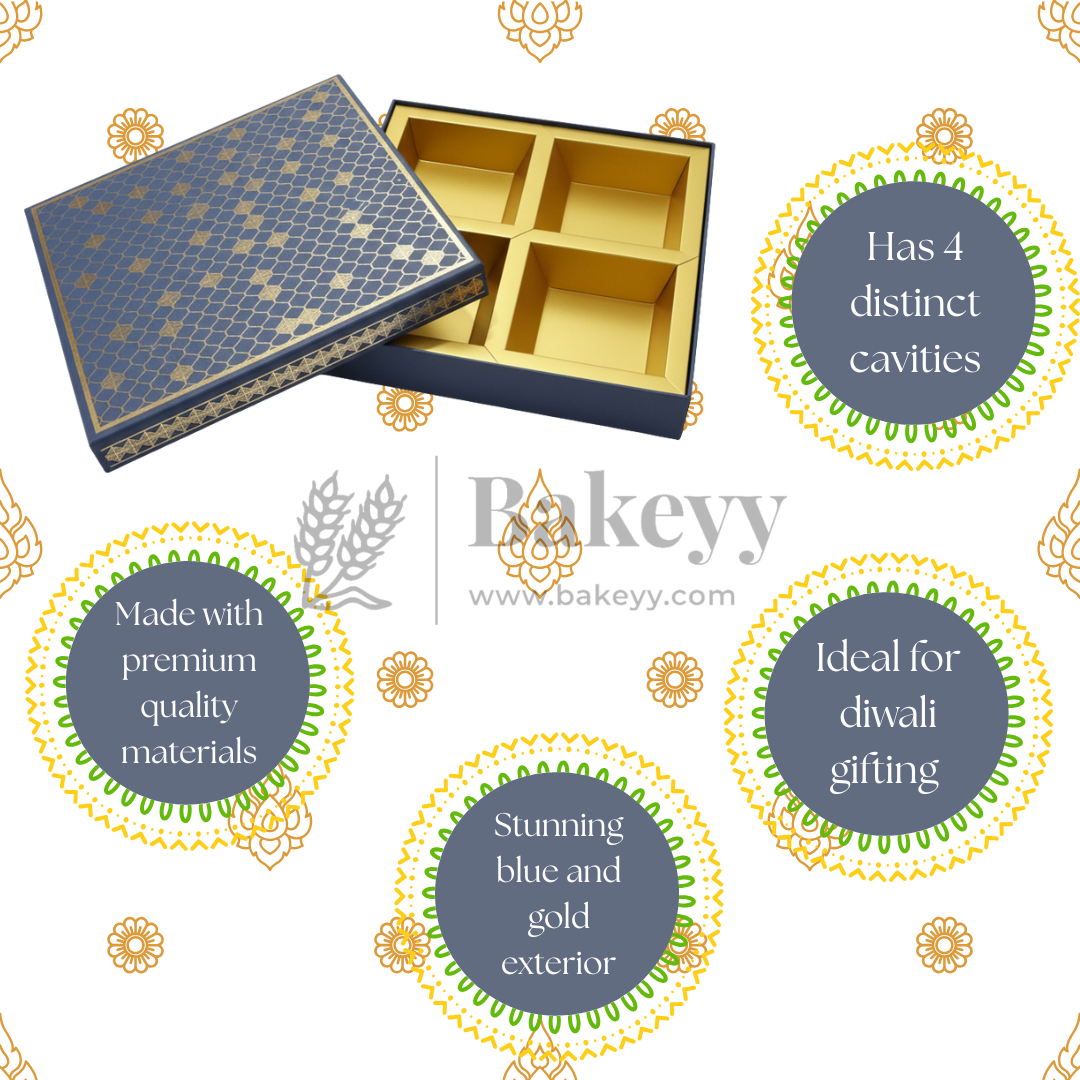 8x8x1.5 Inch | Rigid Chocolate Box | Elegant 4-Compartment Festive Hamper Box | Diwali Sweet box | Dry Fruit Box | Blue | 1 Piece
