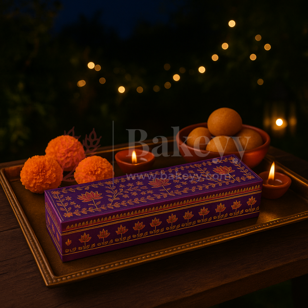 11.5x2 Inches | Rigid Chocolate Box with 6 Cavities | Floral Print | Sweet box | Purple | 1 Piece