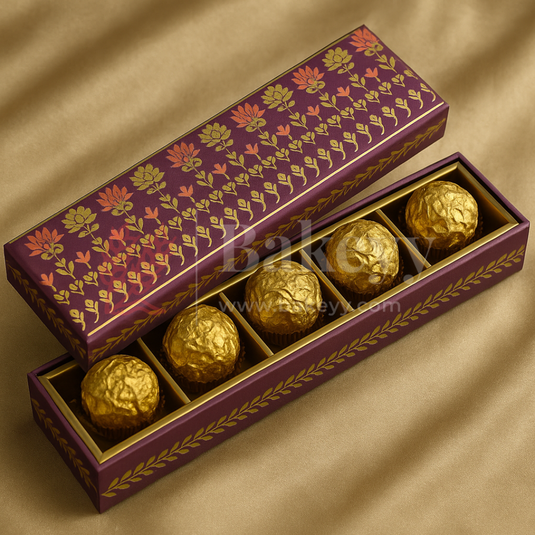11.5x2 Inches | Rigid Chocolate Box with 6 Cavities | Floral Print | Sweet box | Purple | 1 Piece