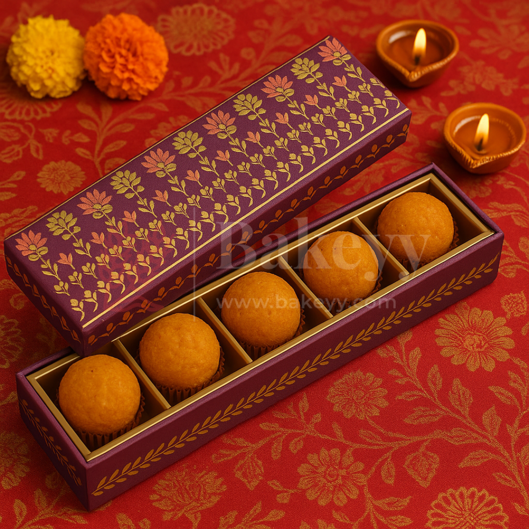 11.5x2 Inches | Rigid Chocolate Box with 6 Cavities | Floral Print | Sweet box | Purple | 1 Piece