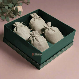 Rigid Gift Box with Jute Bags | Hamper Box | Square Shape | - Bakeyy.com - India - Rigid Gift Box with Jute Bags | Hamper Box | Square Shape | - Green