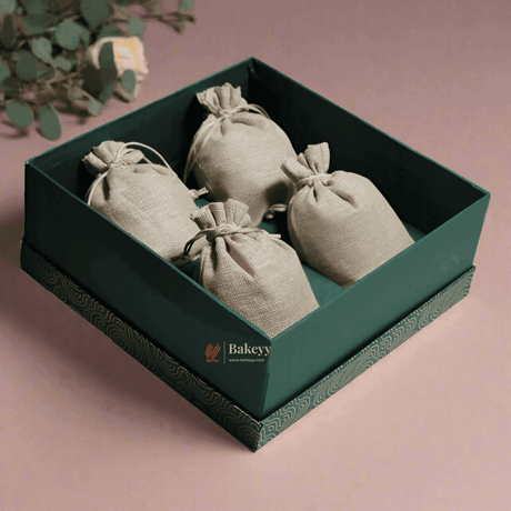 Rigid Gift Box with Jute Bags | Hamper Box | Square Shape | - Bakeyy.com - India - Rigid Gift Box with Jute Bags | Hamper Box | Square Shape | - Green