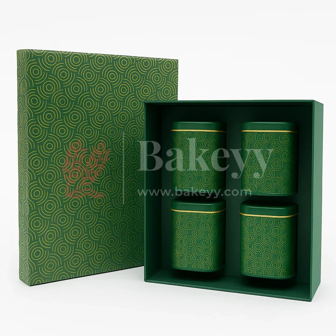 26x26x11 cm | Rigid Square Shaped Gift Box with 4 Tin Jars | Hamper Box | Dark Green | 1 Piece