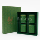 26x26x11 cm | Rigid Square Shaped Gift Box with 4 Tin Jars | Hamper Box | Dark Green | 1 Piece