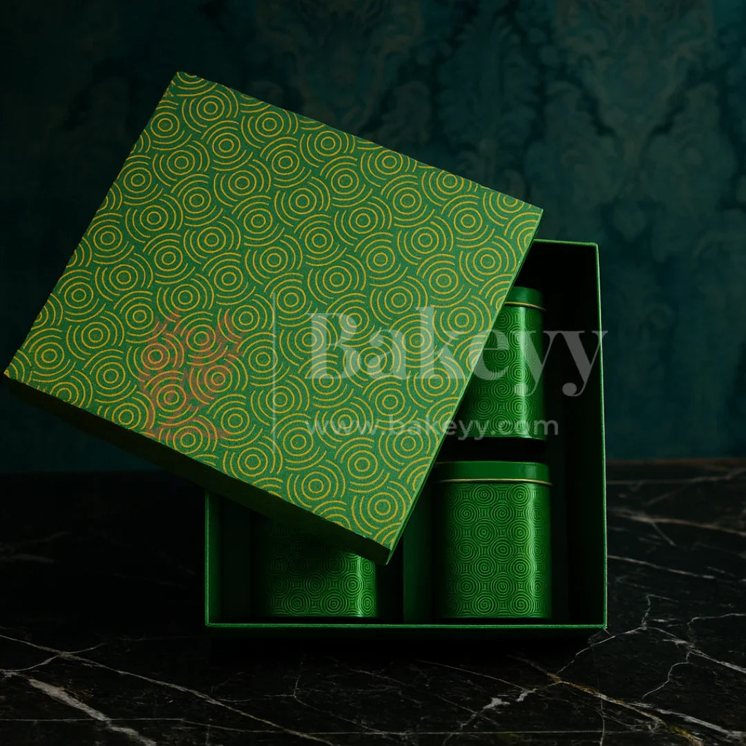 26x26x11 cm | Rigid Square Shaped Gift Box with 4 Tin Jars | Hamper Box | Dark Green | 1 Piece