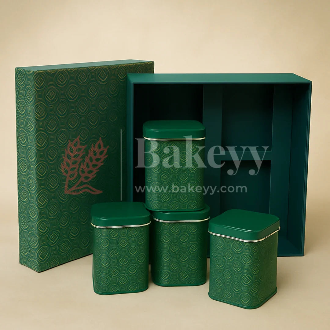 26x26x11 cm | Rigid Square Shaped Gift Box with 4 Tin Jars | Hamper Box | Dark Green | 1 Piece