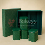 26x26x11 cm | Rigid Square Shaped Gift Box with 4 Tin Jars | Hamper Box | Dark Green | 1 Piece