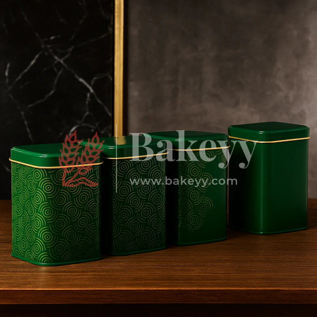 26x26x11 cm | Rigid Square Shaped Gift Box with 4 Tin Jars | Hamper Box | Dark Green | 1 Piece